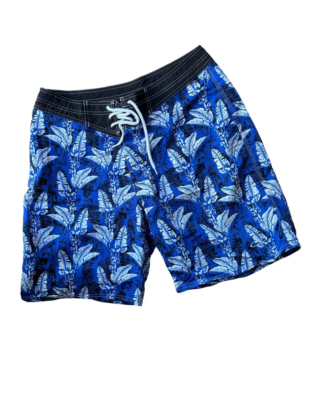 OP Blue Tropical Leaf Swim Board Shorts with Black Waistband